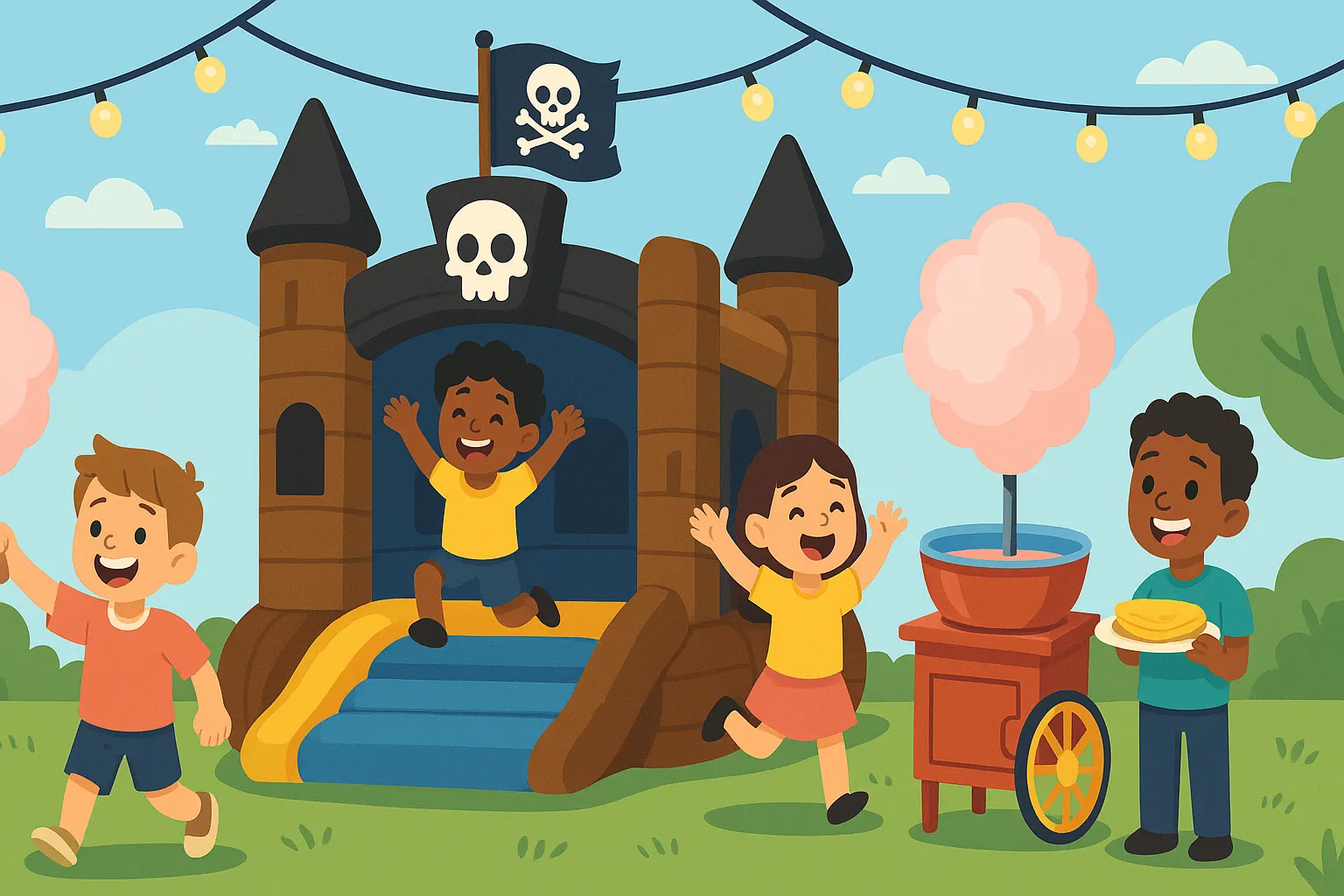 Des enfants sautent dans un château gonflable pirate à côté d’une machine à barbe à papa, sous une guirlande de fête